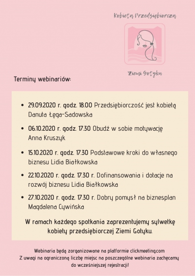 Kobieta Przedsiębiorcza Ziemi Gotyku - harmonogram webinariów