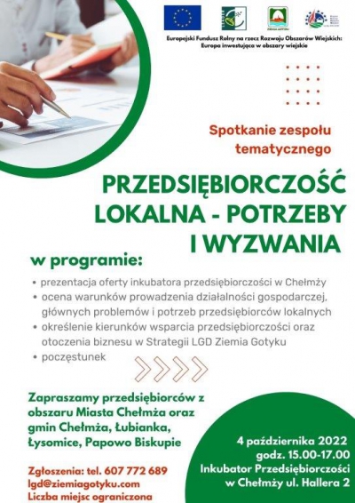 Zaproszenie na spotkanie zespołu tematycznego - Przedsiębiorczość Lokalna